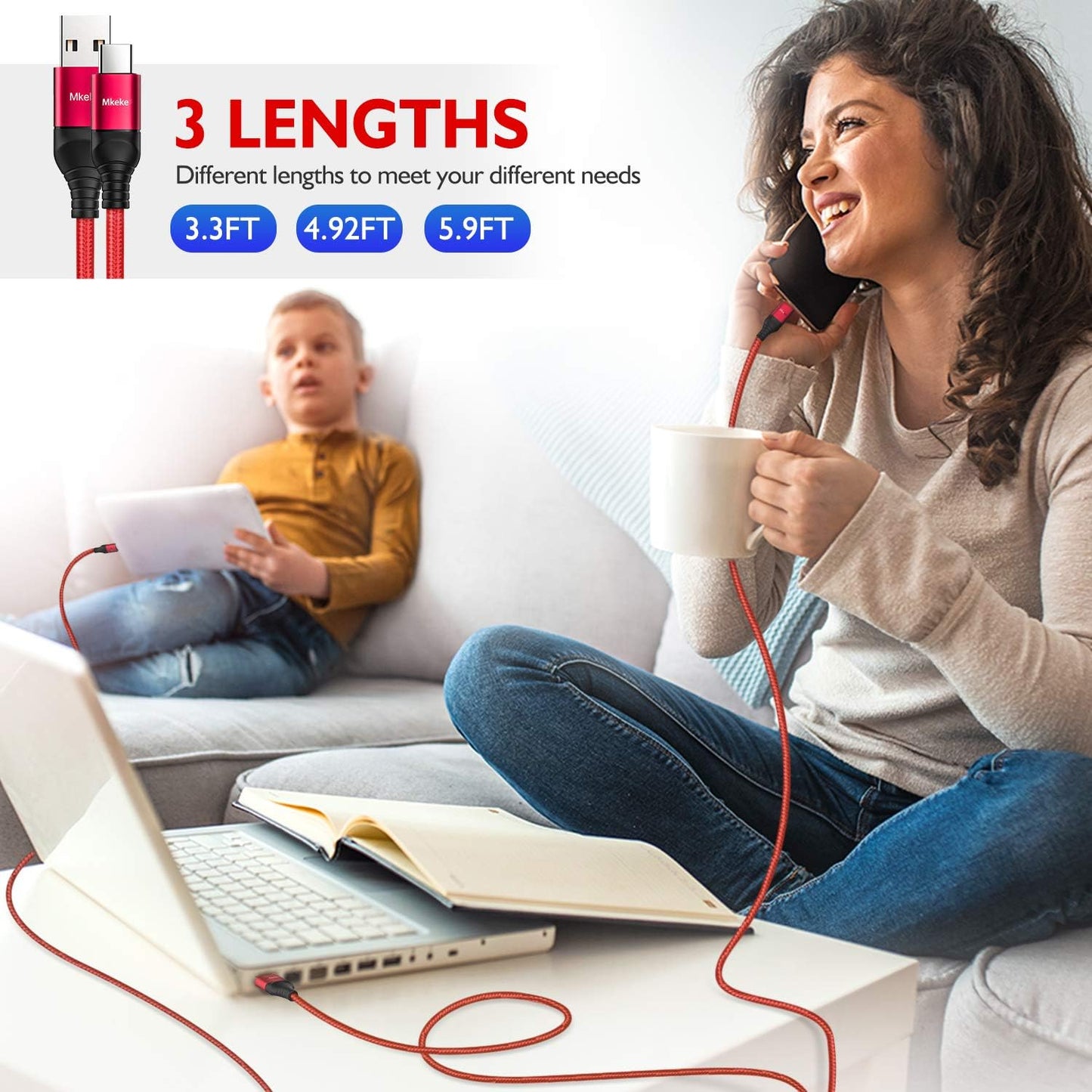 3 Pack 5.9Ft USB 2.0 Male-To-Male Data Sync & Fast Charge Cable for Smartphones, Laptops, Tablets